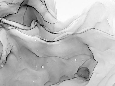 Tek renkli mürekkep sıvısı. Soluk Psikedelik Düzen. Tekstil tasarımı için gri tonlu suluboya ile modern illüstrasyon. Gümüş lekeli yüzey. Soyut yazdırma.