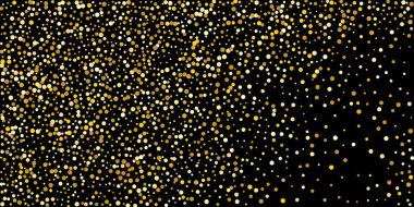 Siyah arka planda altın nokta konfetisi. Parlak parçacıkların yansıması. Dekoratif unsur. Tasarım elementi. Vektör illüstrasyonu, EPS 10. 