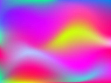 Sanal arkaplan. Pembe, mavi, yeşil renklerde parlak, pürüzsüz, bulanık fütürist desen. Modaya uygun reklam vektörü. Yazdırılmış ürünler için holografik spektrumun yoğun gradyanı,.