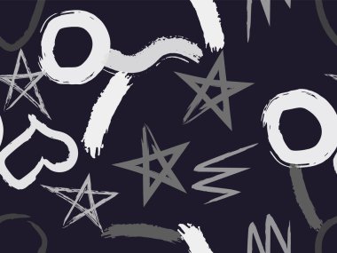 Taranmamış daireler, kalpler ve darbeler çizilmiş şirin bir desen. Farklı basit şekillere sahip vektör geometrik dokular. Saf, çocuksu sanat geçmişi.