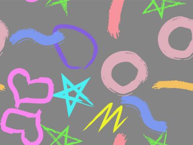 Taranmamış daireler, kalpler ve darbeler çizilmiş şirin bir desen. Farklı basit şekillere sahip vektör geometrik dokular. Saf, çocuksu sanat geçmişi.