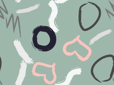 Taranmamış daireler, kalpler ve darbeler çizilmiş şirin bir desen. Farklı basit şekillere sahip vektör geometrik dokular. Saf, çocuksu sanat geçmişi.