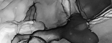 Tek renkli Alkol Mürekkebi. Duman dokusu. Tekstil tasarımı için gri tonlu suluboya ile modern illüstrasyon. Gümüş lekeli yüzey. Soyut yazdırma.