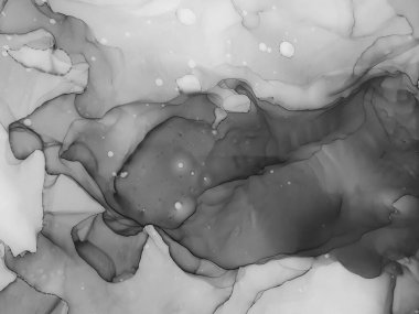 Tek renkli Alkol Mürekkebi. Soluk Psikedelik Düzen. Tekstil tasarımı için gri tonlu suluboya ile modern illüstrasyon. Gümüş lekeli yüzey. Soyut yazdırma.