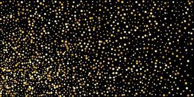 Siyah arka planda altın nokta konfetisi. Parlak parçacıkların yansıması. Dekoratif unsur. Tasarım elementi. Vektör illüstrasyonu, EPS 10.