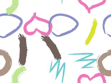 Taranmamış daireler, kalpler ve darbeler çizilmiş şirin bir desen. Farklı basit şekillere sahip vektör geometrik dokular. Saf, çocuksu sanat geçmişi.