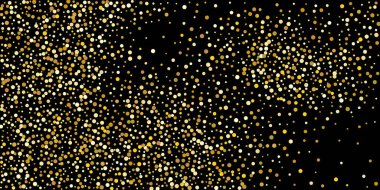 Siyah arka planda altın nokta konfetisi. Parlak parçacıkların yansıması. Dekoratif unsur. Tasarım elementi. Vektör illüstrasyonu, EPS 10. 