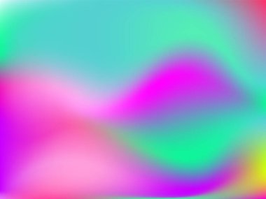 Sanal arkaplan. Pembe, mavi, yeşil renklerde parlak, pürüzsüz, bulanık fütürist desen. Modaya uygun reklam vektörü. Yazdırılmış ürünler için holografik spektrumun yoğun gradyanı,.