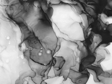 Siyah Beyaz Suluboya. Soluk Psikedelik Düzen. Tekstil tasarımı için gri tonlu suluboya ile modern illüstrasyon. Gümüş lekeli yüzey. Soyut yazdırma.