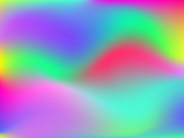 Sanal arkaplan. Pembe, mavi, yeşil renklerde parlak, pürüzsüz, bulanık fütürist desen. Modaya uygun reklam vektörü. Yazdırılmış ürünler için holografik spektrumun yoğun gradyanı,.
