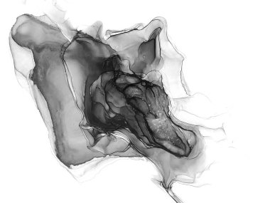 Tek renkli mürekkep sıvısı. Duman dokusu. Tekstil tasarımı için gri tonlu suluboya ile modern illüstrasyon. Gümüş lekeli yüzey. Soyut yazdırma.