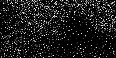 Siyah arka planda konfetilerin gümüş parlaklığı. Parlak parçacıkların yansıması. Dekoratif unsur. Tasarım elementi. Vektör illüstrasyonu, EPS 10.