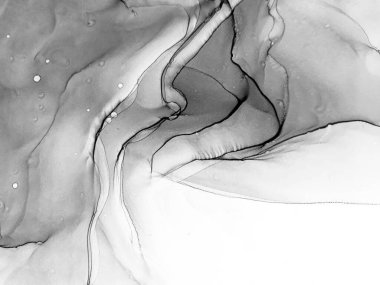 Siyah Beyaz Suluboya. Soluk Psikedelik Düzen. Dekorasyon tasarımı için gri tonlu suluboya ile klasik çizim. Modern sanat. Gümüş lekeli yüzey. Soyut yazdırma.