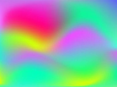 Sanal arkaplan. Pembe, mavi, yeşil renklerde parlak, pürüzsüz, bulanık fütürist desen. Modaya uygun reklam vektörü. Yazdırılmış ürünler için holografik spektrumun yoğun gradyanı,.