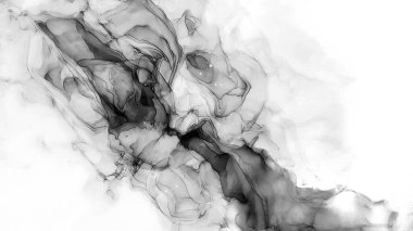 Tek renkli mürekkep sıvısı. Soluk Psikedelik Düzen. Tekstil tasarımı için gri tonlu suluboya ile modern illüstrasyon. Gümüş lekeli yüzey. Soyut yazdırma.