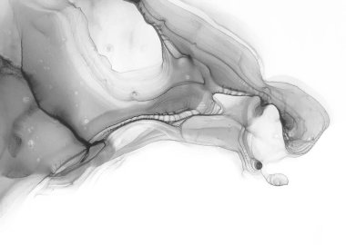 Tek renkli Alkol Mürekkebi. Duman dokusu. Dekorasyon tasarımı için gri tonlu suluboya ile klasik çizim. Modern sanat. Gümüş lekeli yüzey. Soyut yazdırma.
