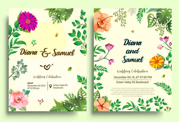 Wedding Invitation card with floral and green tropical leaves, modern card Design, decorative wreath & frame pattern with watercolor background