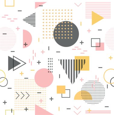 Memphis tasarım elementleri yarım ton ve geometrik şekiller örüntü eğilimi, tasarım ve klasik geometrik baskı çizim elementi.