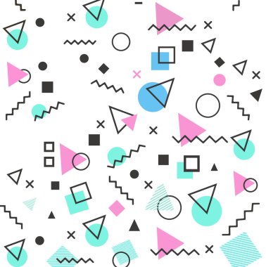 Memphis tasarım elementleri yarım ton ve geometrik şekiller örüntü eğilimi, tasarım ve klasik geometrik baskı çizim elementi.