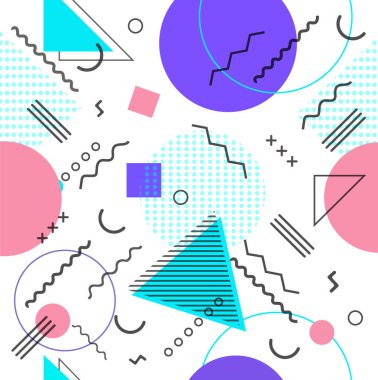Memphis tasarım elementleri yarım ton ve geometrik şekiller örüntü eğilimi, tasarım ve klasik geometrik baskı çizim elementi.