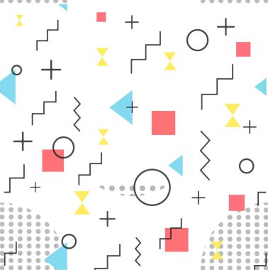 Memphis tasarım elementleri yarım ton ve geometrik şekiller örüntü eğilimi, tasarım ve klasik geometrik baskı çizim elementi.