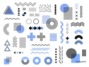 Memphis tasarım elementleri yarım ton ve geometrik şekiller örüntü eğilimi, tasarım ve klasik geometrik baskı çizim elementi.