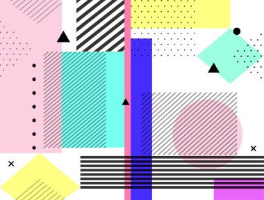 Memphis tasarım elementleri yarım ton ve geometrik şekiller örüntü eğilimi, tasarım ve klasik geometrik baskı çizim elementi.