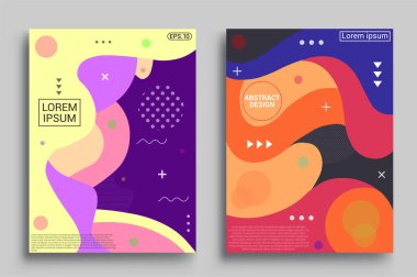 Modern soyut kapaklar seti, modern renkli dalga sıvı akış posteri. Cool gradient şekilleri bileşimi, vektör tasarımı kapsar.