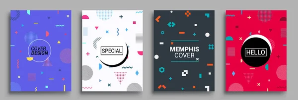 Memphis Style Poster Set Halftone Geometric Shapes Patterns Flat Style — Stock Vector