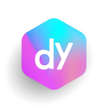Altıgen şekilli ve renkli arkaplan içinde DY logosu, iş ve şirket kimliği için harf kombinasyonu tasarımı.