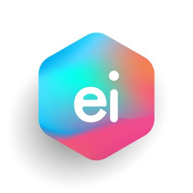 Altıgen şekilli ve renkli arkaplan içinde EI harfi logosu, iş ve şirket kimliği için harf kombinasyonu tasarımı.