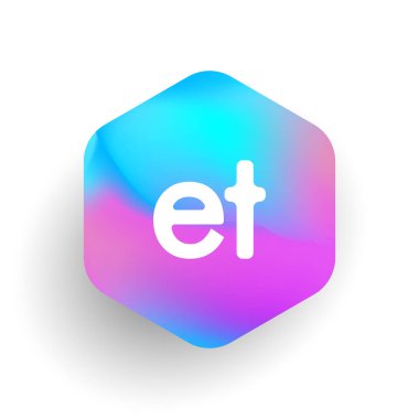 Altıgen şekilli ve renkli arkaplan içinde ET harfi logosu, iş ve şirket kimliği için harf kombinasyonu tasarımı.