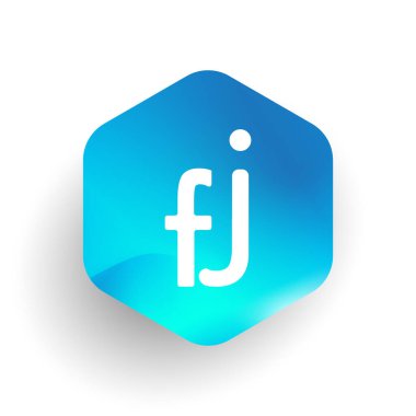 Altıgen şekilli ve renkli arkaplan içinde FJ logosu, iş ve şirket kimliği için harf birleşimi logosu tasarımı.