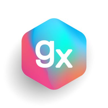 Altıgen şekilli ve renkli arkaplan içinde GX logosu, iş ve şirket kimliği için harf birleşimi logosu tasarımı.