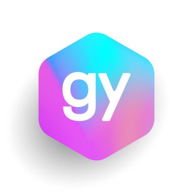 Altıgen şekilli ve renkli arkaplan içinde GY logosu, iş ve şirket kimliği için harf kombinasyonu tasarımı.