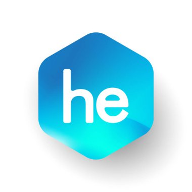 Altıgen şekilli ve renkli arkaplan içinde HE logosu, iş ve şirket kimliği için harf kombinasyonu tasarımı.
