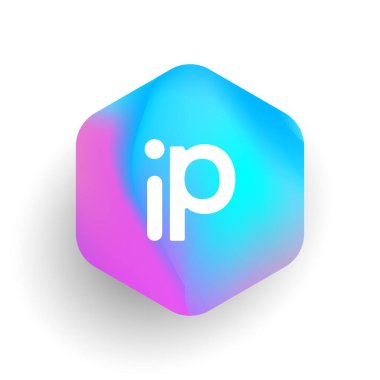 Altıgen şekilli ve renkli arkaplan içinde IP logosu, iş ve şirket kimliği için harf kombinasyon logosu tasarımı.