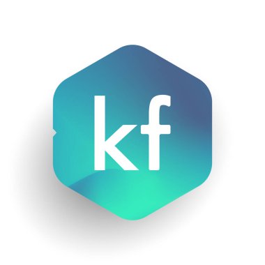 Altıgen şekilli ve renkli arkaplan içinde KF logosu, iş ve şirket kimliği için harf kombinasyonu tasarımı.