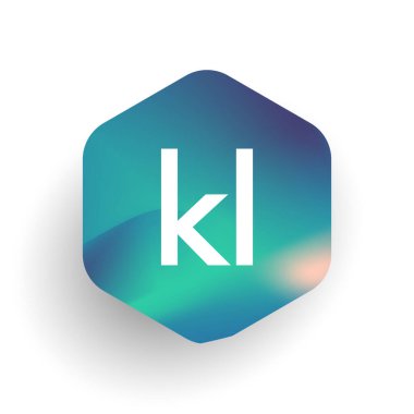Altıgen şekilli ve renkli arkaplan içinde KL logosu, iş ve şirket kimliği için harf birleşimi logosu tasarımı.
