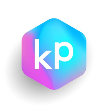 Altıgen şekilli ve renkli arkaplan içinde KP logosu, iş ve şirket kimliği için harf birleşimi logosu tasarımı.