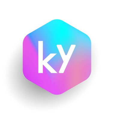 Altıgen şekilli ve renkli arkaplan içinde KY logosu, iş ve şirket kimliği için harf kombinasyonu tasarımı.