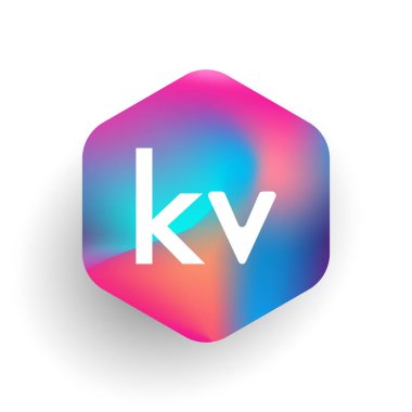 Altıgen şekilli ve renkli arkaplan içinde KV logosu, iş ve şirket kimliği için harf birleşimi logosu tasarımı.