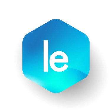 Altıgen şekilli ve renkli arkaplan içinde LE harfi logosu, iş ve şirket kimliği için harf kombinasyonu tasarımı.