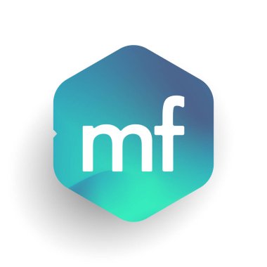 Altıgen şekilli ve renkli arkaplan içinde MF logosu, iş ve şirket kimliği için harf birleşimi logosu tasarımı.