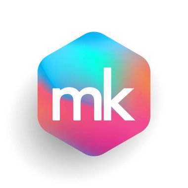 Altıgen şekilli ve renkli arkaplan içinde MK logosu, iş ve şirket kimliği için harf birleşimi logosu tasarımı.