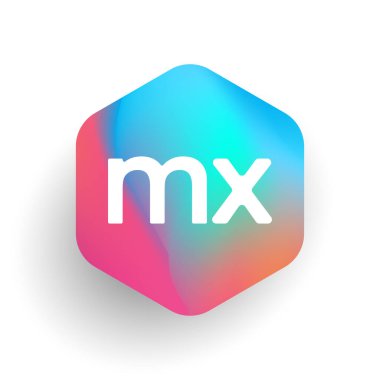 Altıgen şekilli ve renkli arkaplan içinde MX logosu, iş ve şirket kimliği için harf birleşimi logosu tasarımı.
