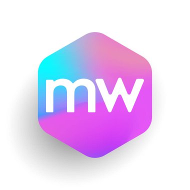 Altıgen şekilli ve renkli arkaplan içinde MW harfi logosu, iş ve şirket kimliği için harf birleşimi logosu tasarımı.