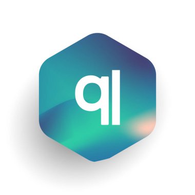 Altıgen şekilli ve renkli arkaplan içinde QL logosu, iş ve şirket kimliği için harf birleşimi logosu tasarımı.
