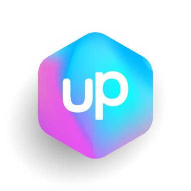Altıgen şekilli ve renkli arkaplan içinde UP harfi logosu, iş ve şirket kimliği için harf kombinasyonu tasarımı.