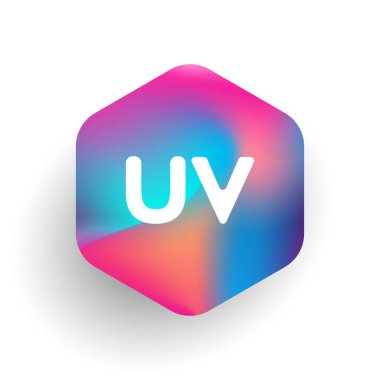 Altıgen şekilli UV logosu ve renkli arkaplan, iş ve şirket kimliği için harf kombinasyonu logosu tasarımı.